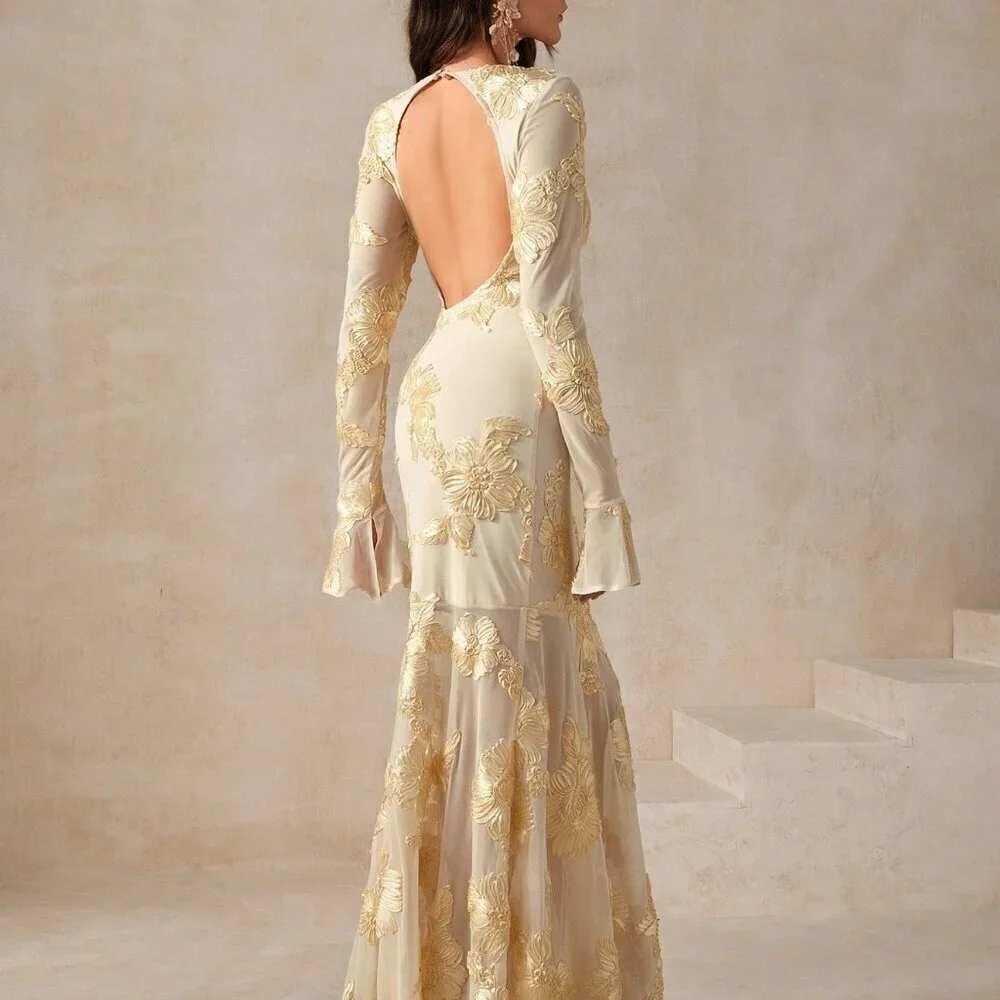 Apricot Elegant Women's Floral Embroidered Backless Fishtail Dress